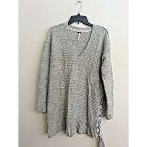 Free People Gray Ruched Side Tie V Neck‎ Short Sweater Dress Size S Pullover